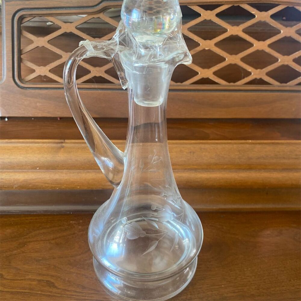 KROSNO Vintage Etched Crystal Decanter with Stopper Clear Floral Pattern